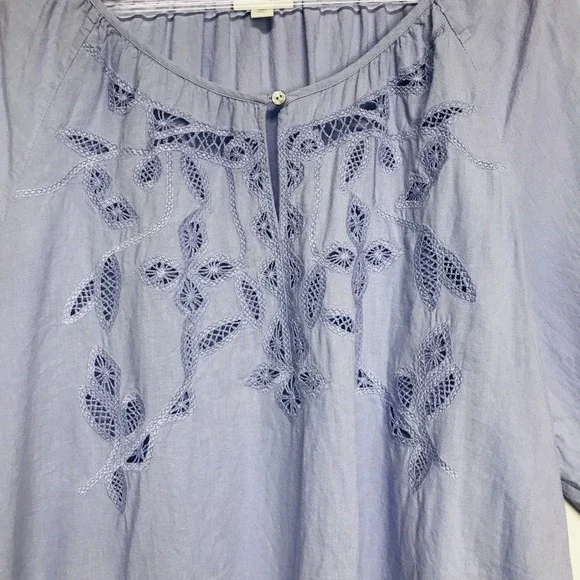 J. Jill Blue Linen Blend XL Missy Embroidered Lace Split Neck Blouse 3/4 Sleeve - Picture 2 of 6